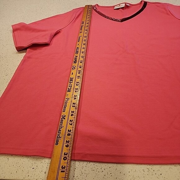 Quacker Factory 3x Pink T-Shirt Short Sleeve Sequin V-neck Cotton Blend - Picture 4 of 6